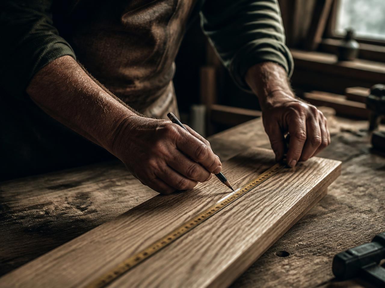 Timmerman meet een eiken plank af in de werkplaats